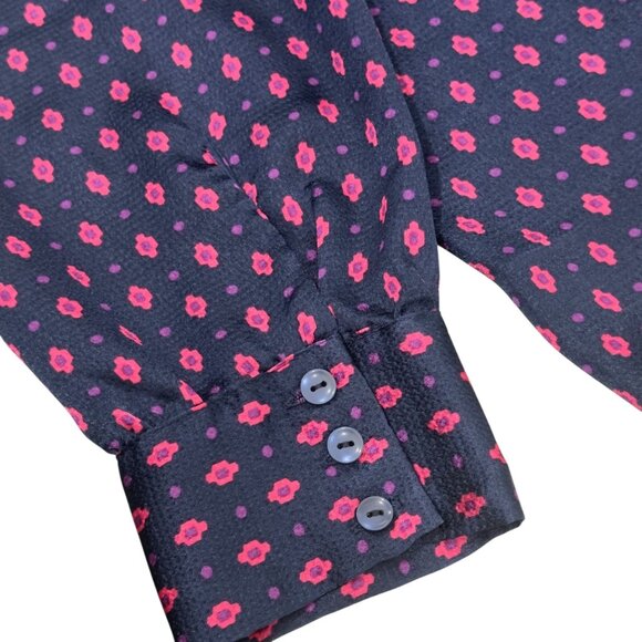 Appleseeds Womens Satin Navy & Pink Patterned Button-Down Blouse SZ 16 High Neck - Picture 8 of 13